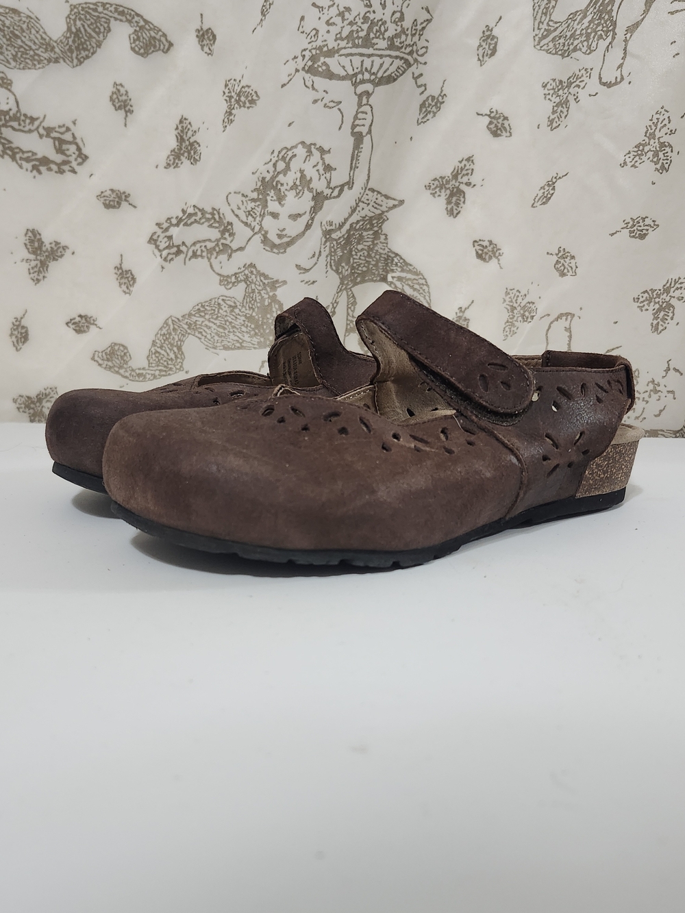 Aetrex Cheryl Brown Leather Mary Jane Slingback Clogs Cutout Shoes Sz 6-6.5